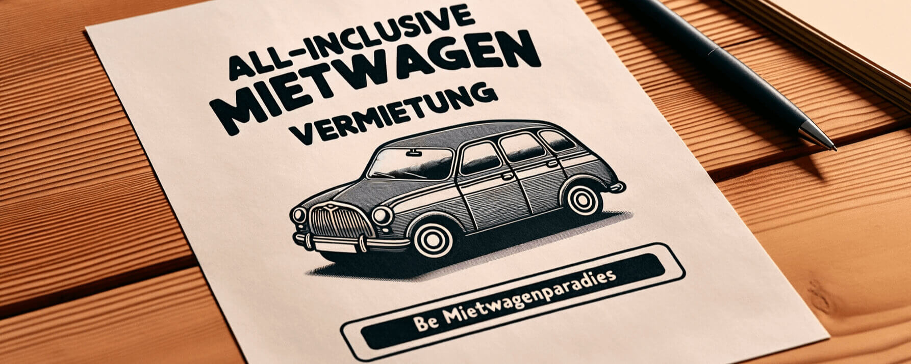 Photo of a plain paper on a wooden desk. Above the car is the text 'All-inclusive Mietwa.png